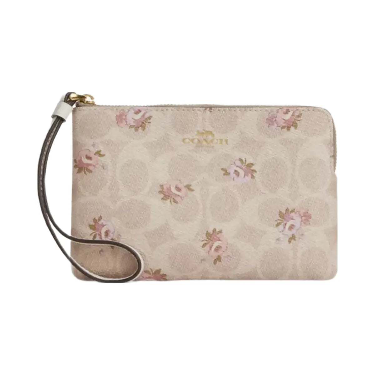 Coach Corner Zip Wristlet In Signature Canvas With Floral Print in Gold Sand Multi