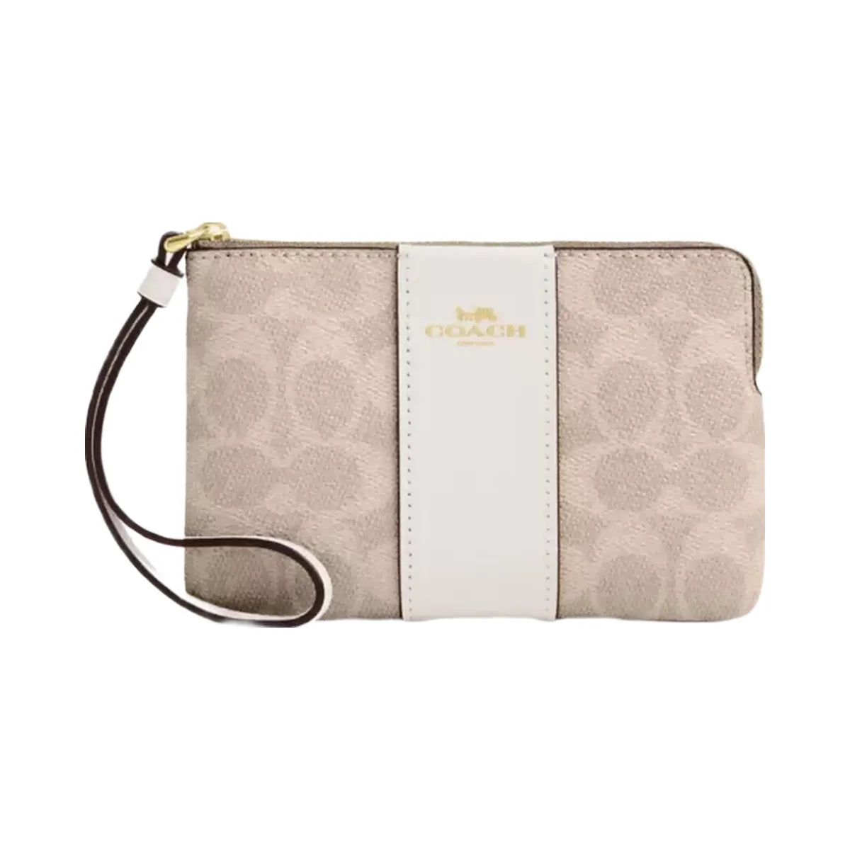 Coach Corner Zip Wristlet In Signature Canvas With Stripe in Gold Sand Chalk