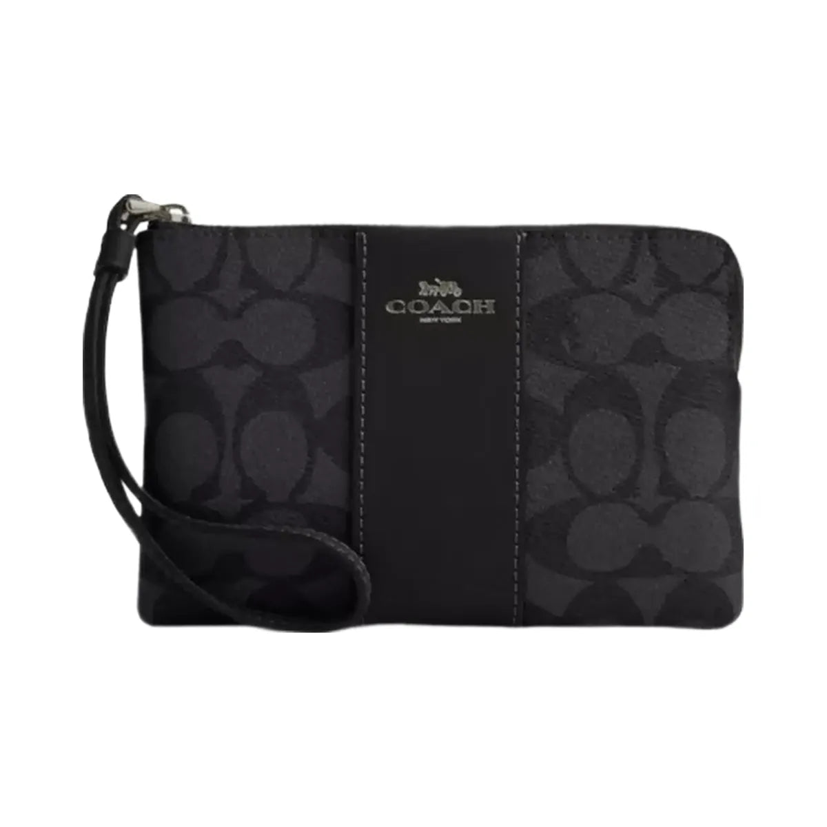 Coach Corner Zip Wristlet In Signature Canvas With Stripe in Gunmetal Charcoal Black
