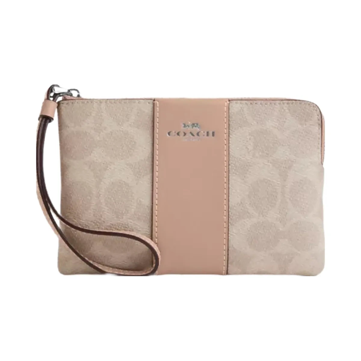 Coach Corner Zip Wristlet In Signature Canvas With Stripe in Silver Sand Taupe