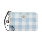 Coach Corner Zip Wristlet With Gingham Print And Charm in Gold Blue Multi