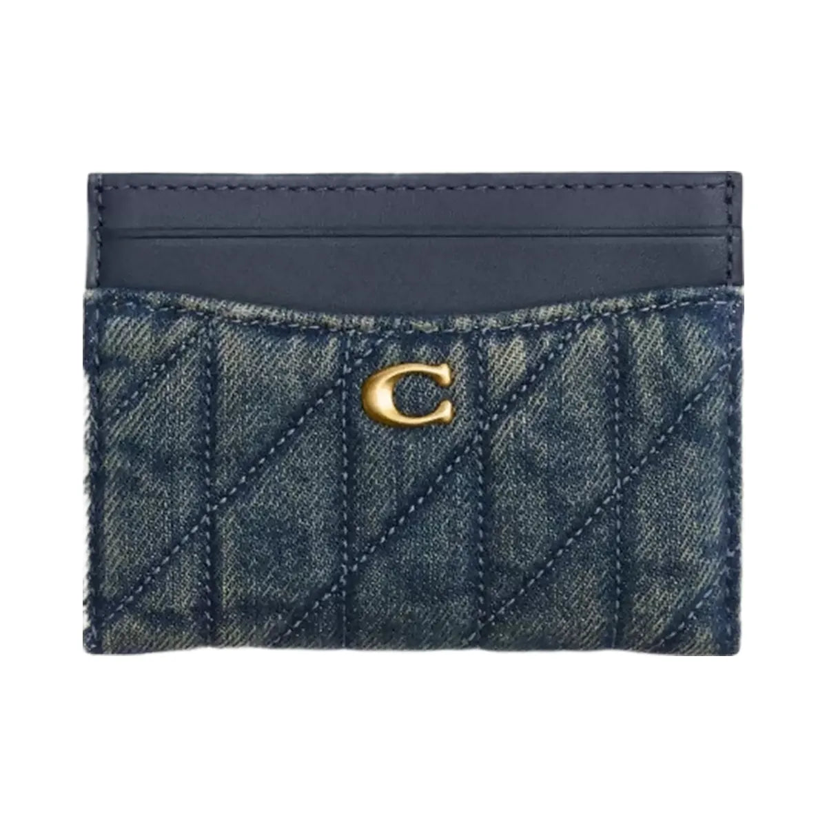 Coach Essential Card Case In Regenerative Cotton Denim With Quilting in Brass Dark Indigo