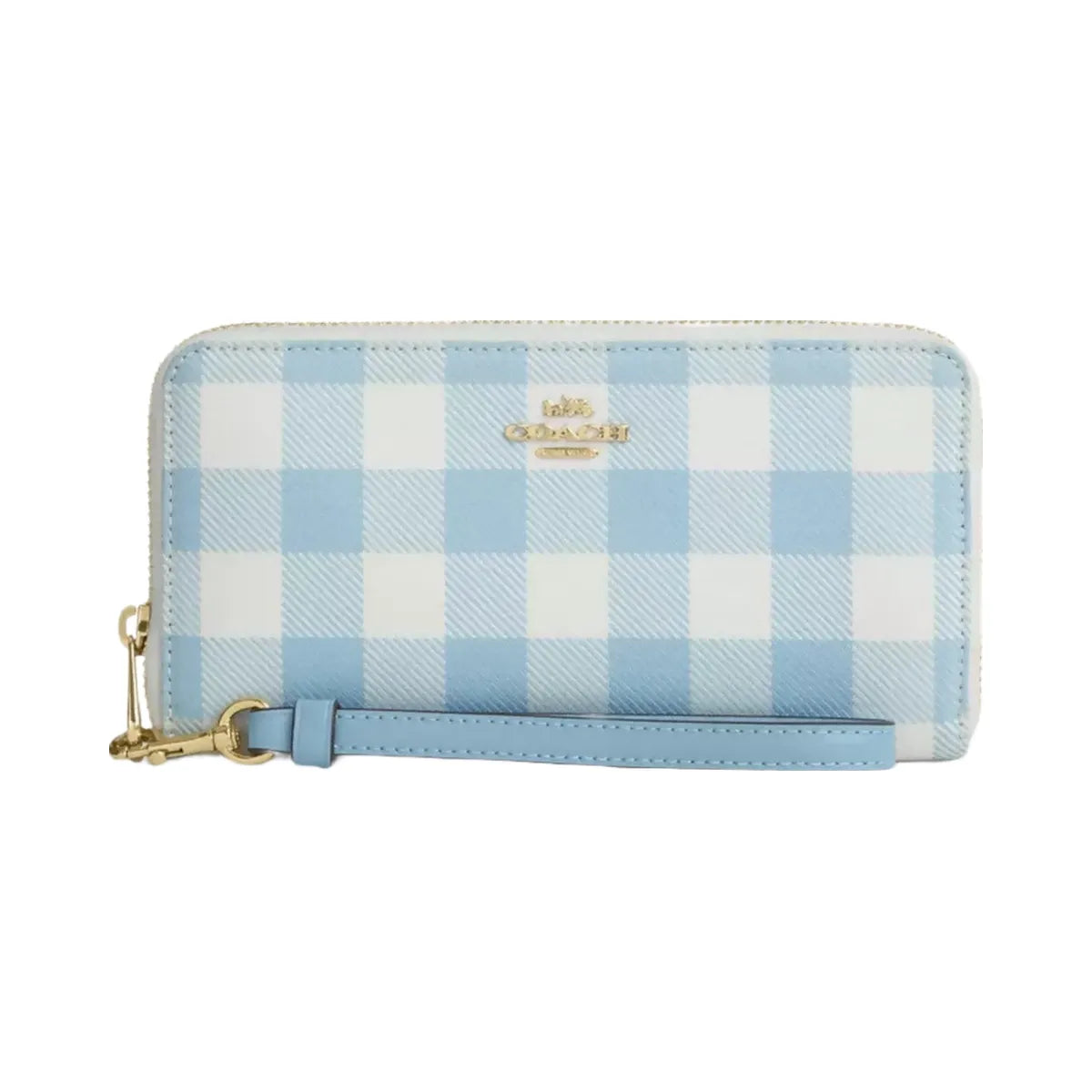Coach Long Zip Around Wallet With Gingham Print in Gold Blue Multi