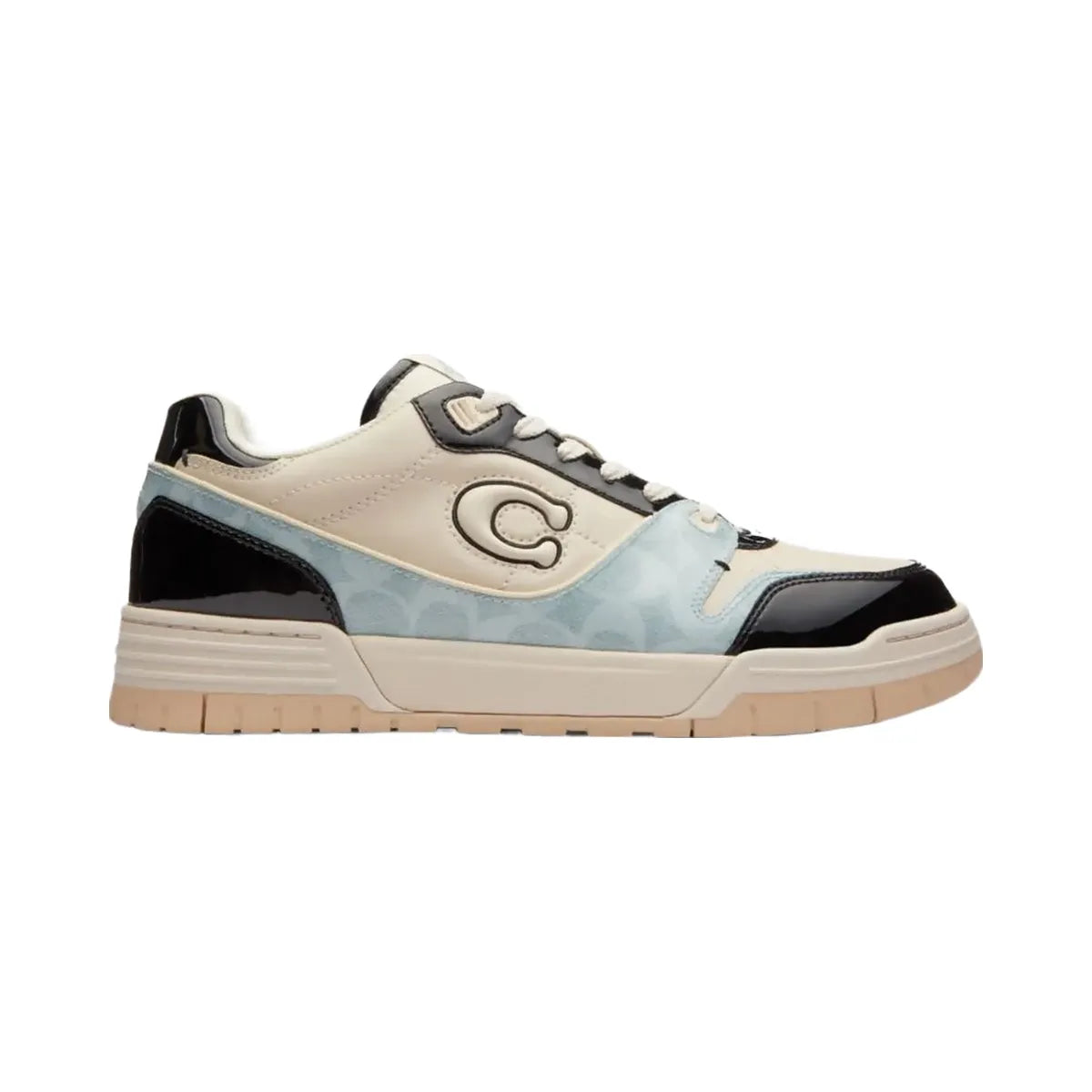 Coach Men's Soho Sneaker With Patent Signature Sea Mist Black.