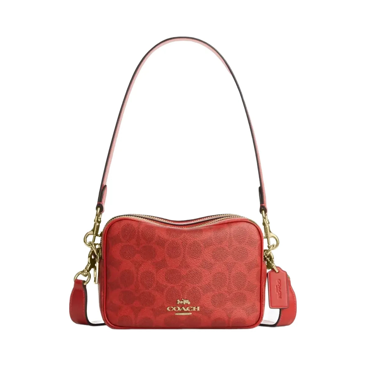 Coach Mini Carey Crossbody Bag In Signature Canvas in Gold Crimson
