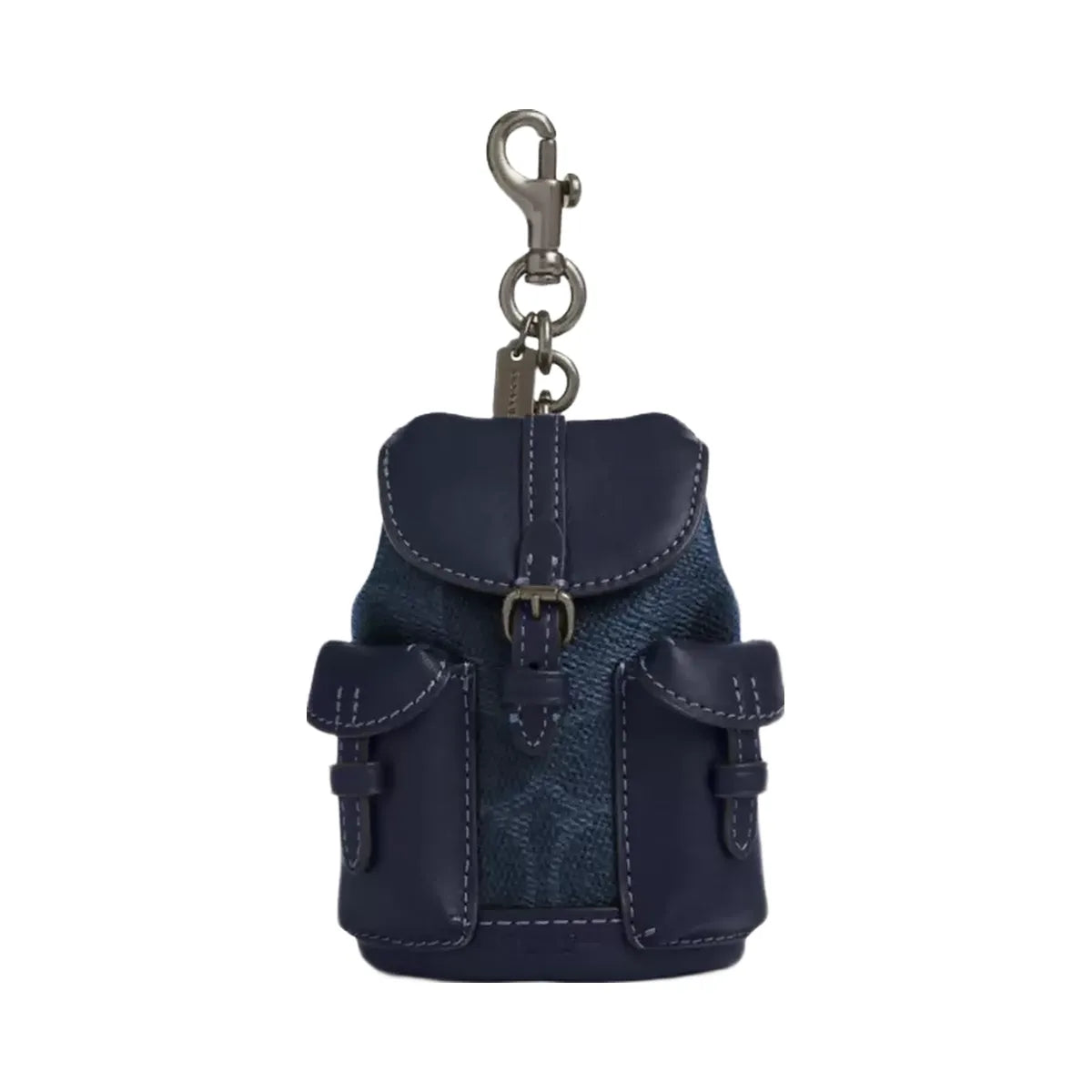 Coach Mini Warner Backpack Bag Charm In Signature Canvas in Gunmetal Denim Midnight Navy