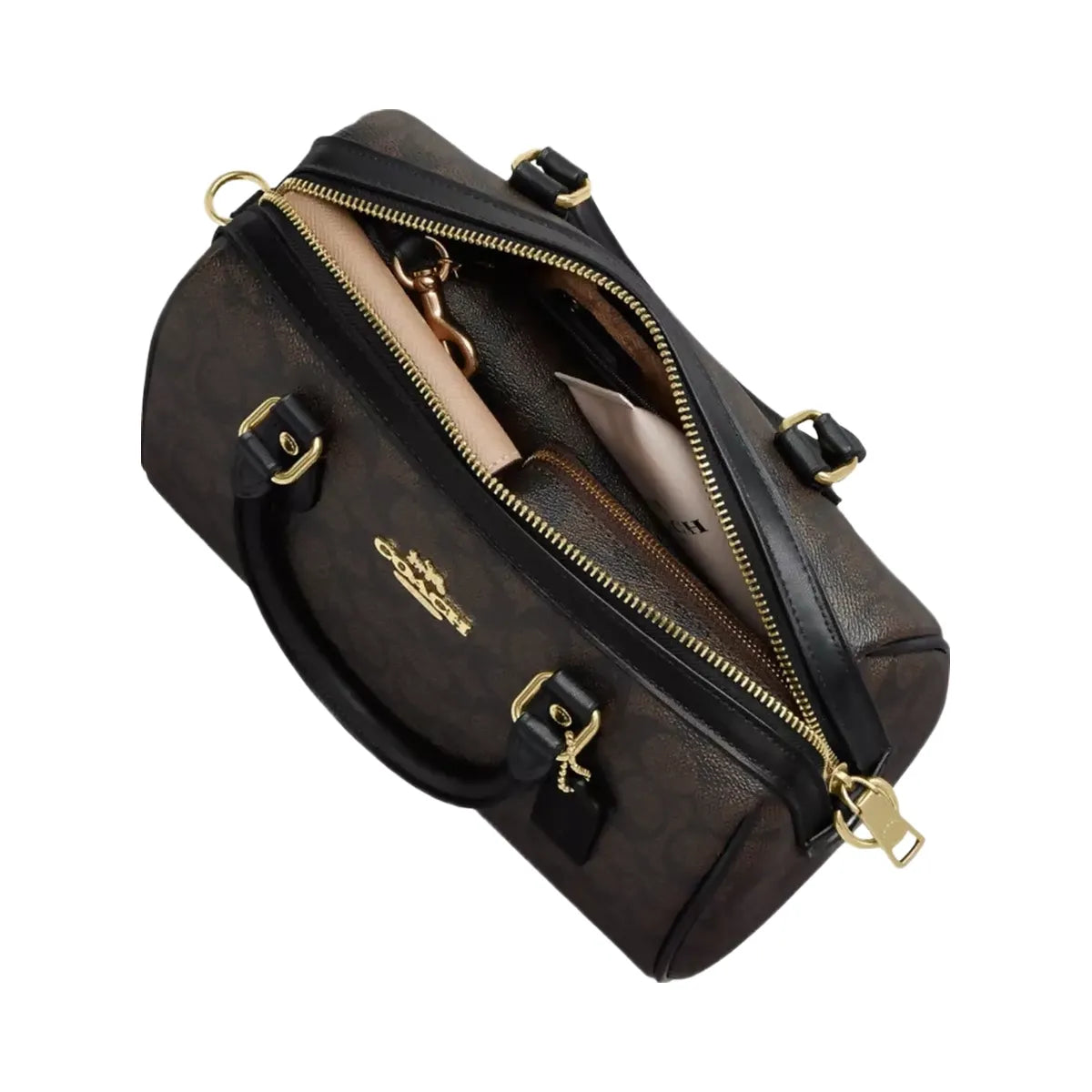 Coach Rowan Satchel Bag In Signature Canvas in Gold Walnut Black