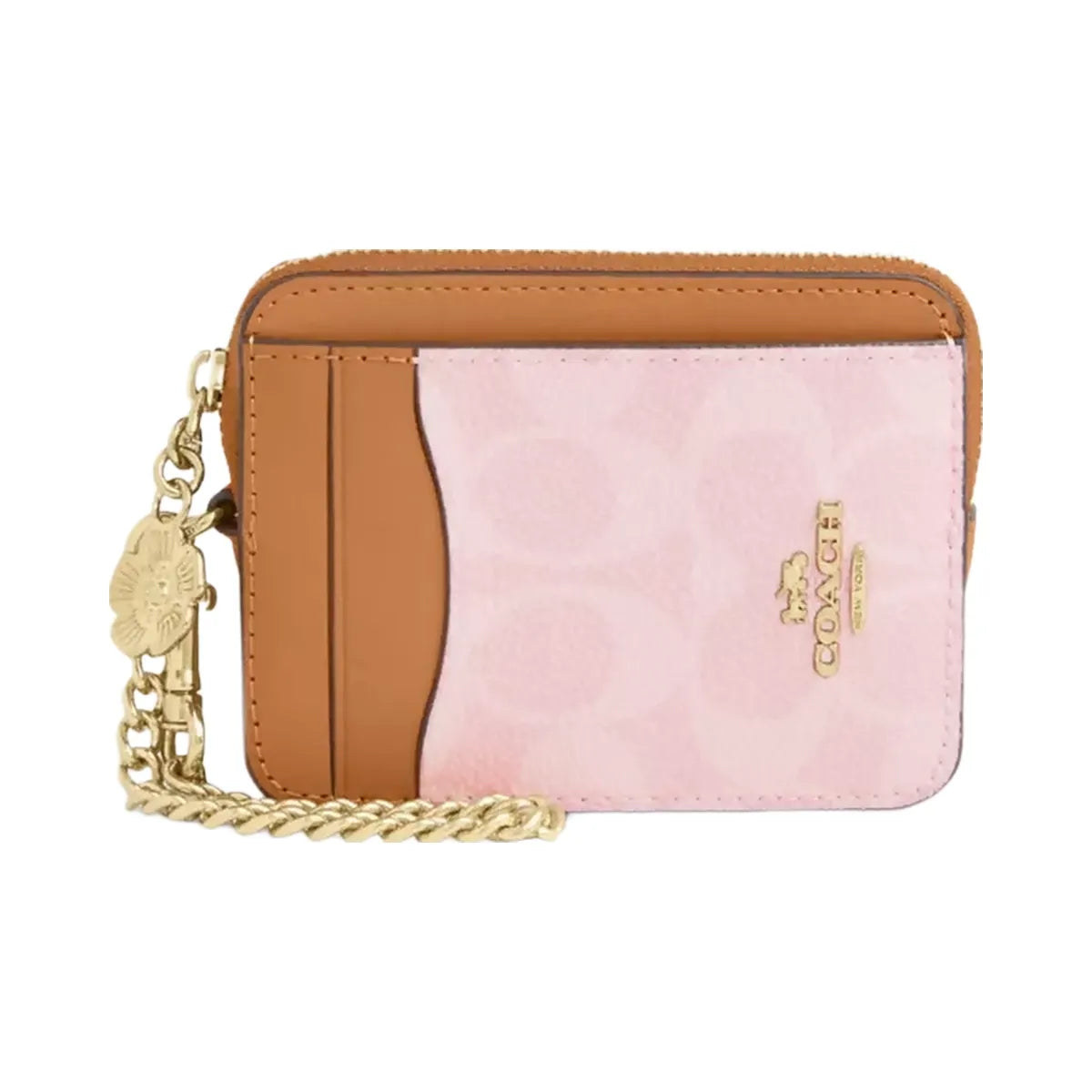 Coach Zip Card Case In Signature Canvas With Charm in Gold Powder Pink