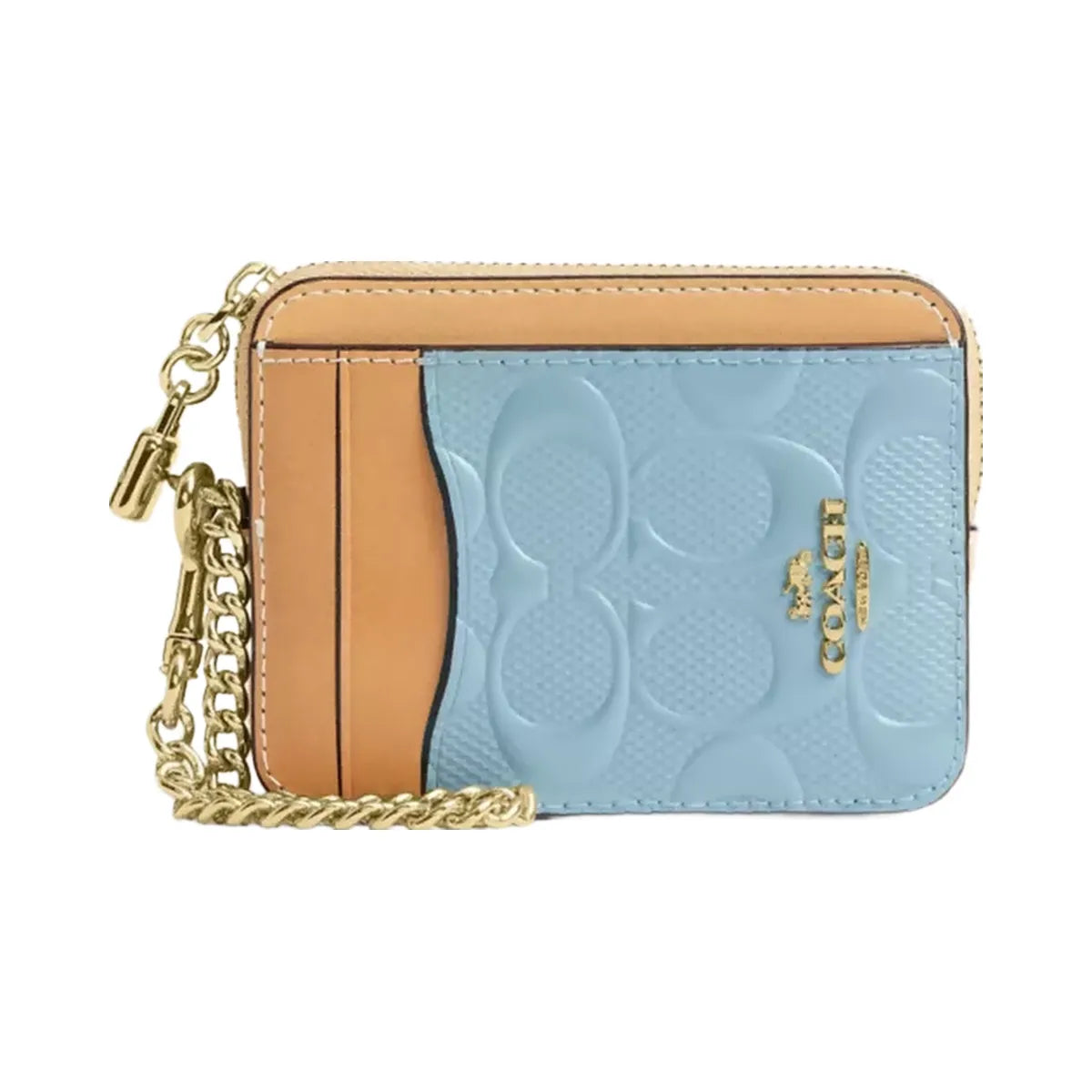 Coach Zip Card Case In Signature Leather With Charm in Gold Light Blue