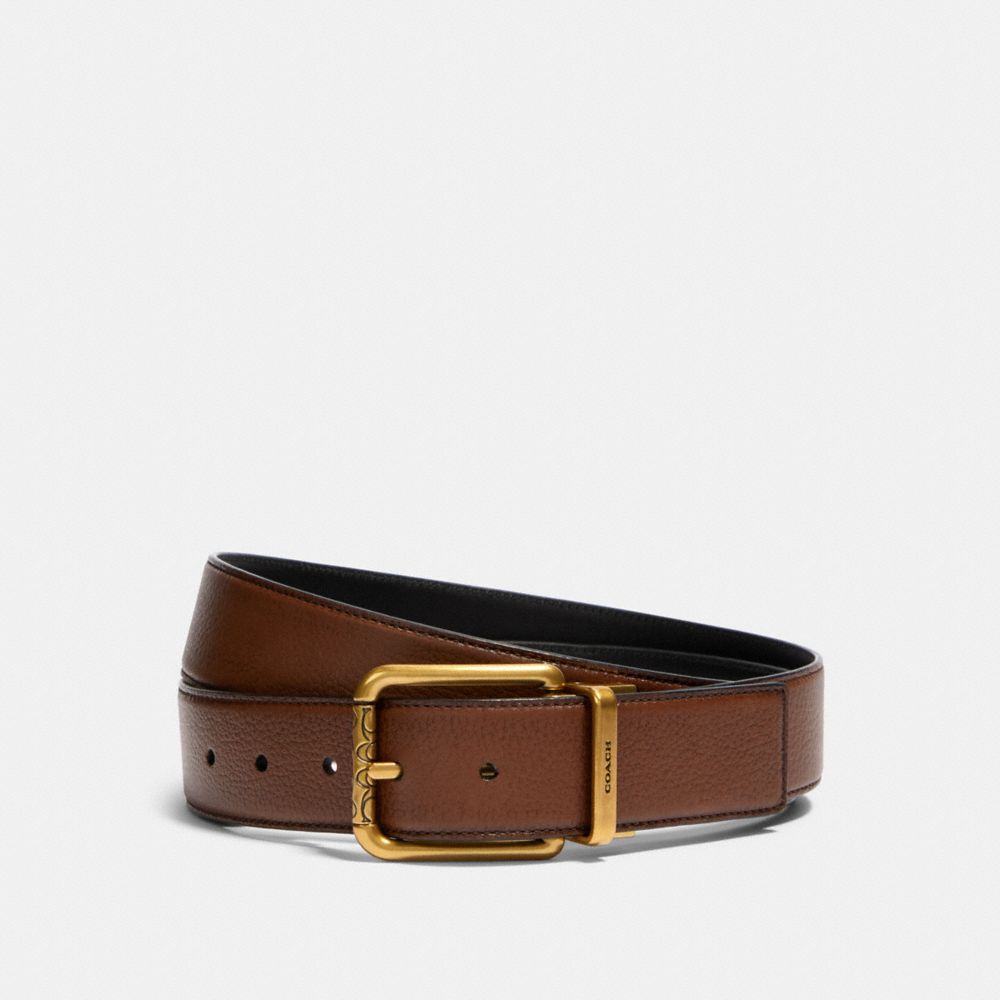 Coach Square Roller Buckle Cut To Size Reversible Belt, 38 Mm Antique Brass Dark Saddle Black