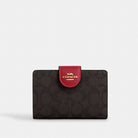 Coach Medium Corner Zip Wallet In Signature Canvas Gold Walnut True Red