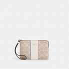 Coach Corner Zip Wristlet In Signature Canvas With Stripe Gold Sand Chalk