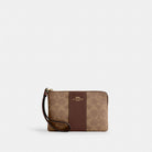 Coach Corner Zip Wristlet In Signature Canvas With Stripe Gold Tan Brown