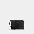 Coach Corner Zip Wristlet In Signature Canvas With Stripe Gunmetal Charcoal Black