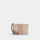 Coach Corner Zip Wristlet In Signature Canvas With Stripe Silver Sand Taupe