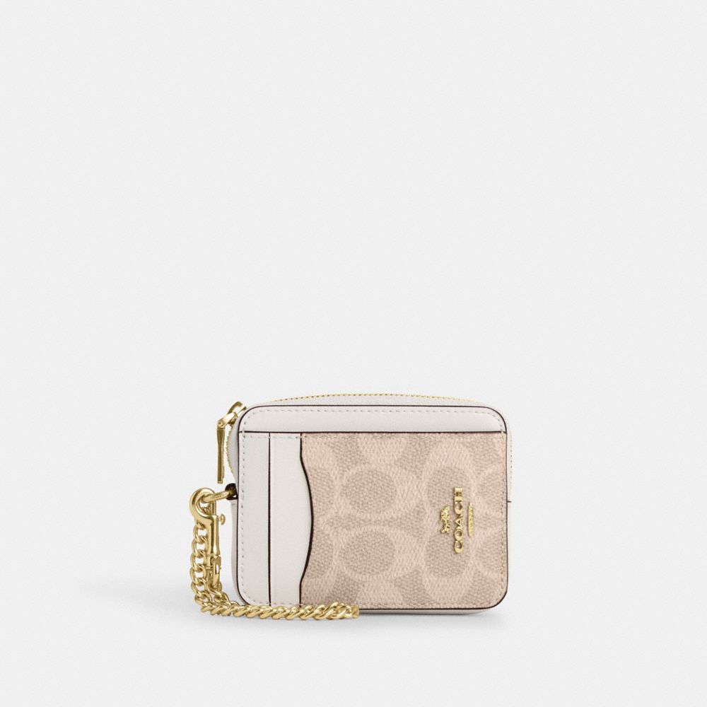 Coach Zip Card Case In Signature Canvas Gold Sand Chalk