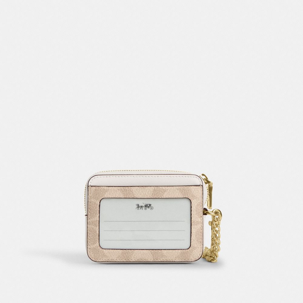 Coach Zip Card Case In Signature Canvas Gold Sand Chalk