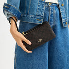 Coach Double Zip Wallet In Signature Canvas Gold Walnut Black