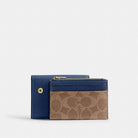 Coach Card Holder Wallet In Signature Canvas Gold Tan Deep Blue