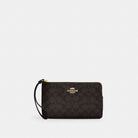 Coach Large Corner Zip Wristlet In Signature Canvas Gold Walnut Black