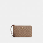 Coach Large Corner Zip Wristlet In Signature Canvas Gold Tan Brown