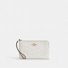 Coach Large Corner Zip Wristlet In Signature Canvas Gold White Chalk