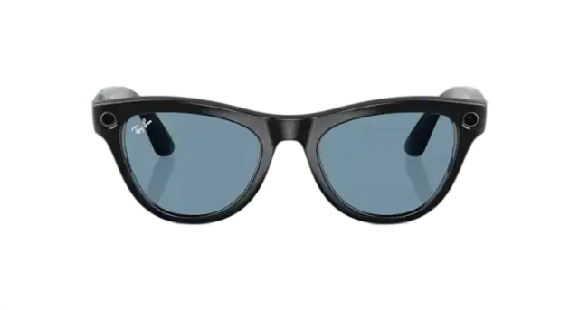 Black smart sunglasses with blue lenses and cameras on both sides, streetwear accessory