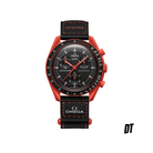 Red and black Omega x Swatch Speedmaster MoonSwatch wristwatch with black strap, white background.