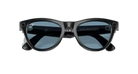 Black round designer sunglasses with blue-tinted lenses and distinctive frame details