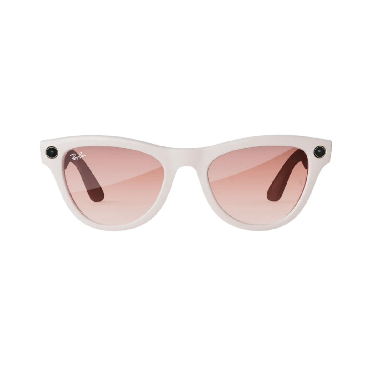 White wayfarer sunglasses with pink gradient lenses and black accents, streetwear style