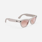 White wayfarer sunglasses with pink tinted lenses and logo on the frame, streetwear accessory