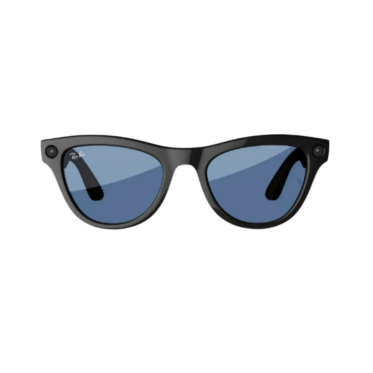 Black wayfarer sunglasses with blue lenses on white background, streetwear accessory