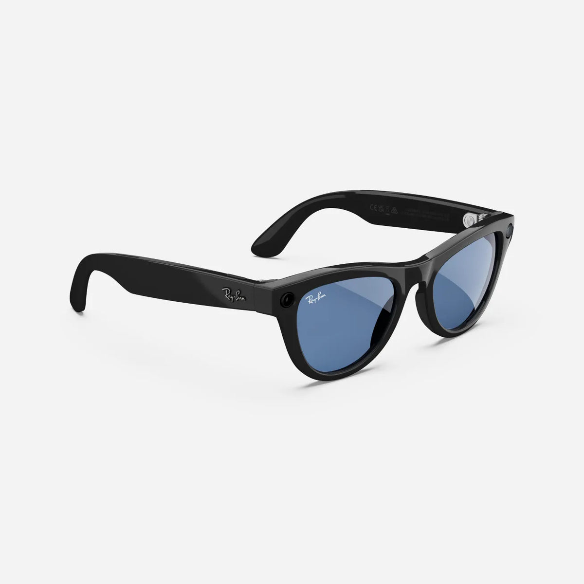 Black wayfarer sunglasses with blue lenses and visible logo on both temples, isolated on white