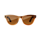 Brown wayfarer sunglasses with polarized lenses, amber frame, and subtle logo detail