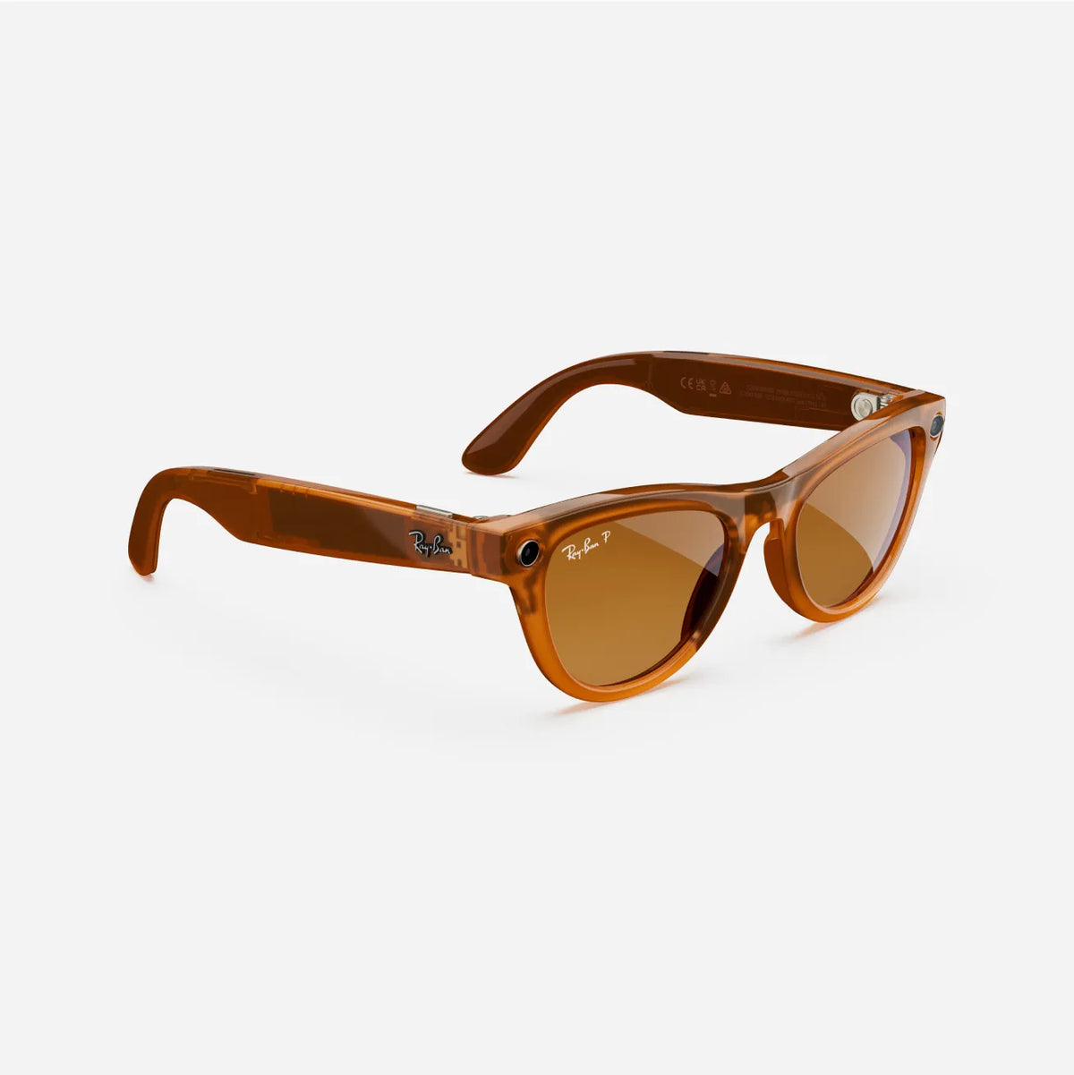 Brown wayfarer sunglasses with tinted lenses on a white background