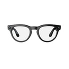 Black round smart eyeglasses with clear lenses, front view, trendy streetwear accessory