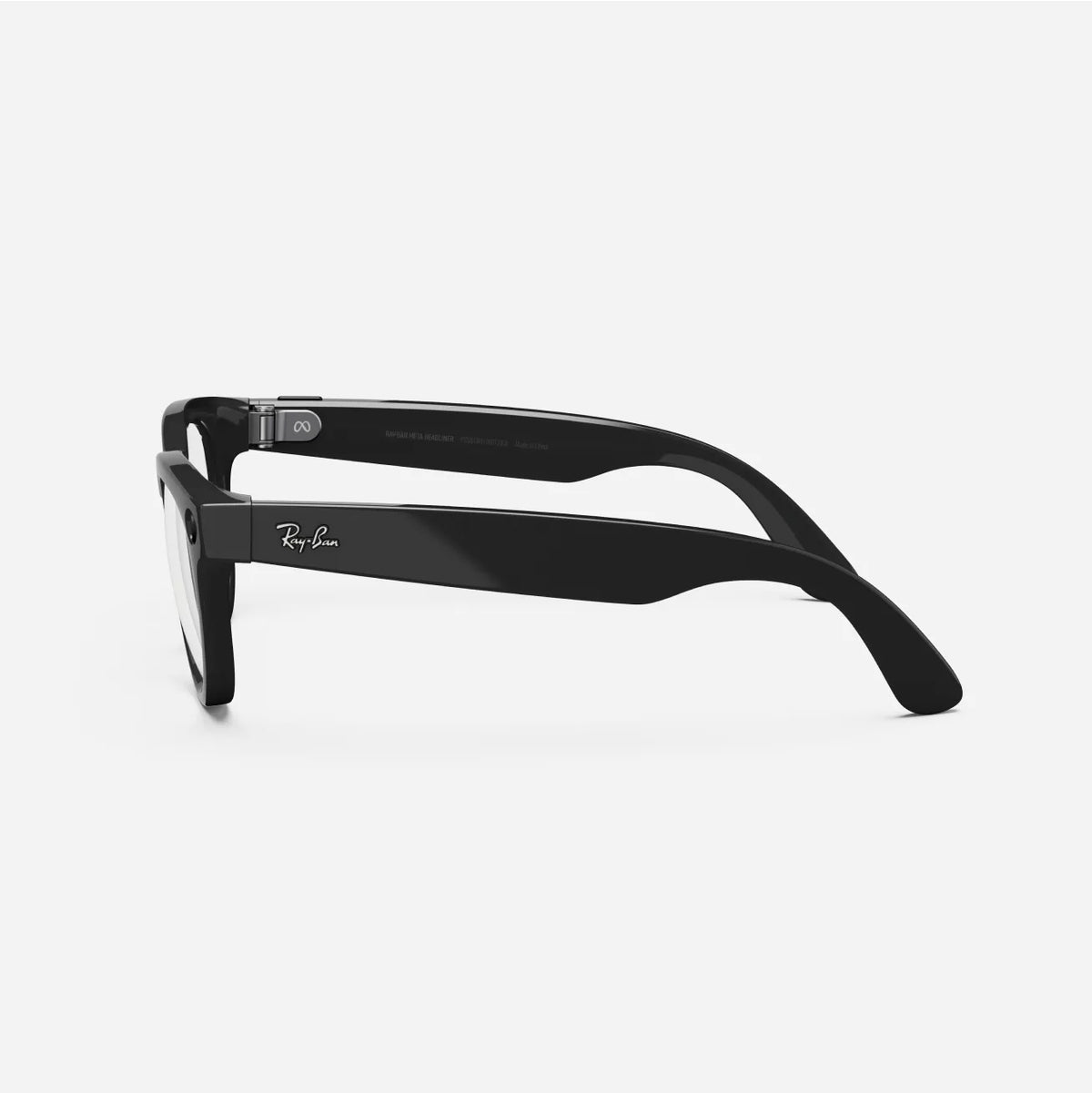 Black Ray-Ban eyeglasses with thick rectangular frames, side view on white background