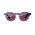 Blue frame designer sunglasses with purple tinted lenses on white background