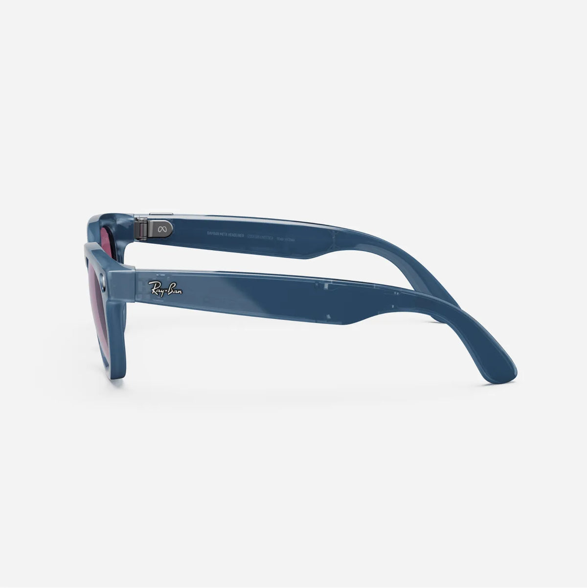 Blue Ray-Ban sunglasses with thick frame and tinted lenses on white background