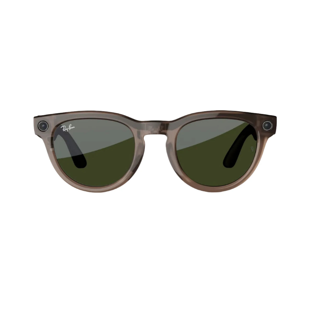 Round brown translucent sunglasses with green lenses and small cameras in both corners
