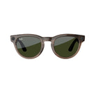Round brown translucent sunglasses with green lenses and small cameras in both corners