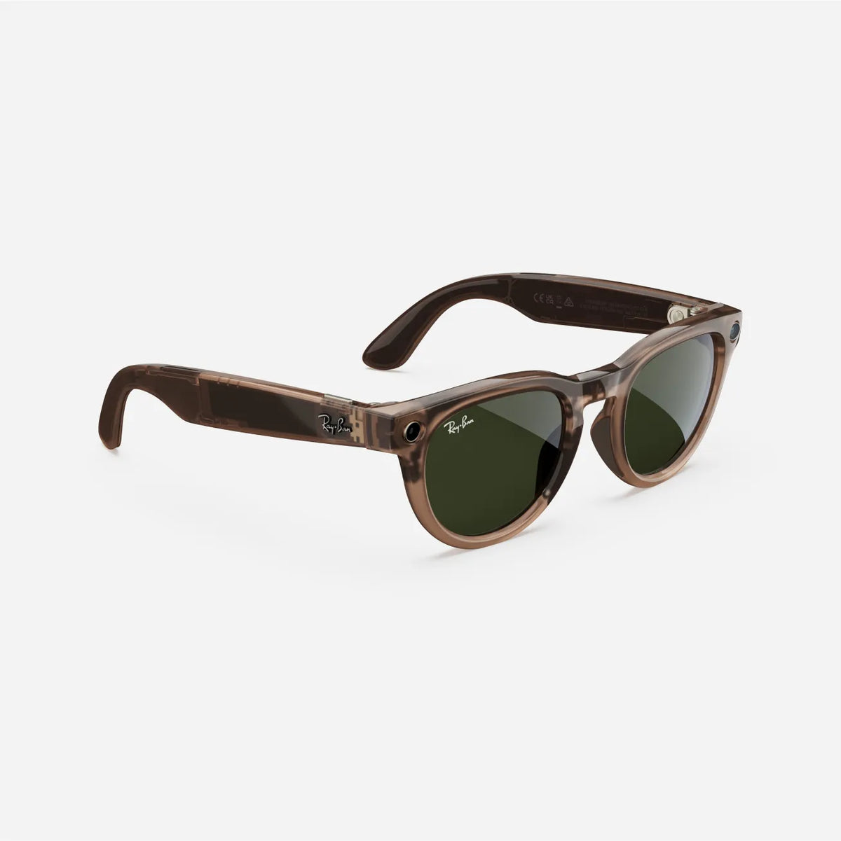 Brown wayfarer sunglasses with green lenses and logo on the temples, isolated on white background