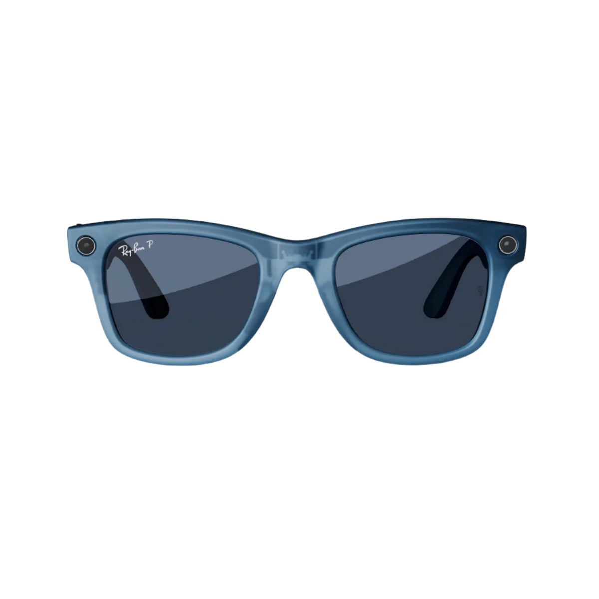 Blue wayfarer sunglasses with dark lenses and built-in camera on white background