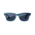Blue wayfarer sunglasses with dark lenses and built-in camera on white background