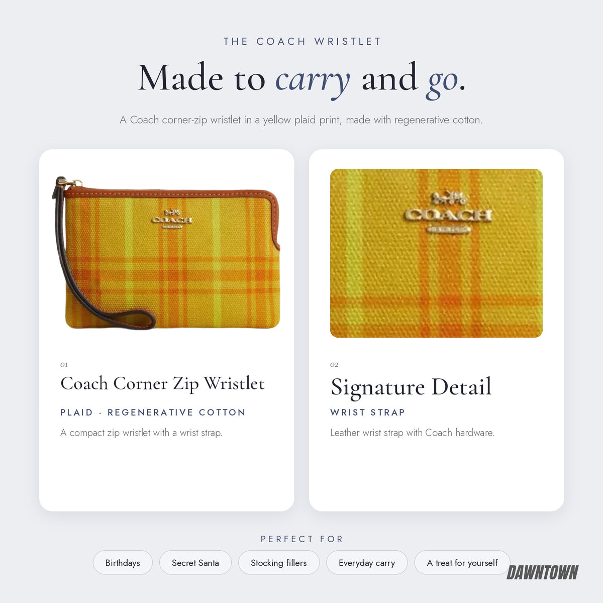 What's inside — Coach Corner Zip Wristlet In Regenerative Cotton With Plaid Print in Gold Burnished Amber