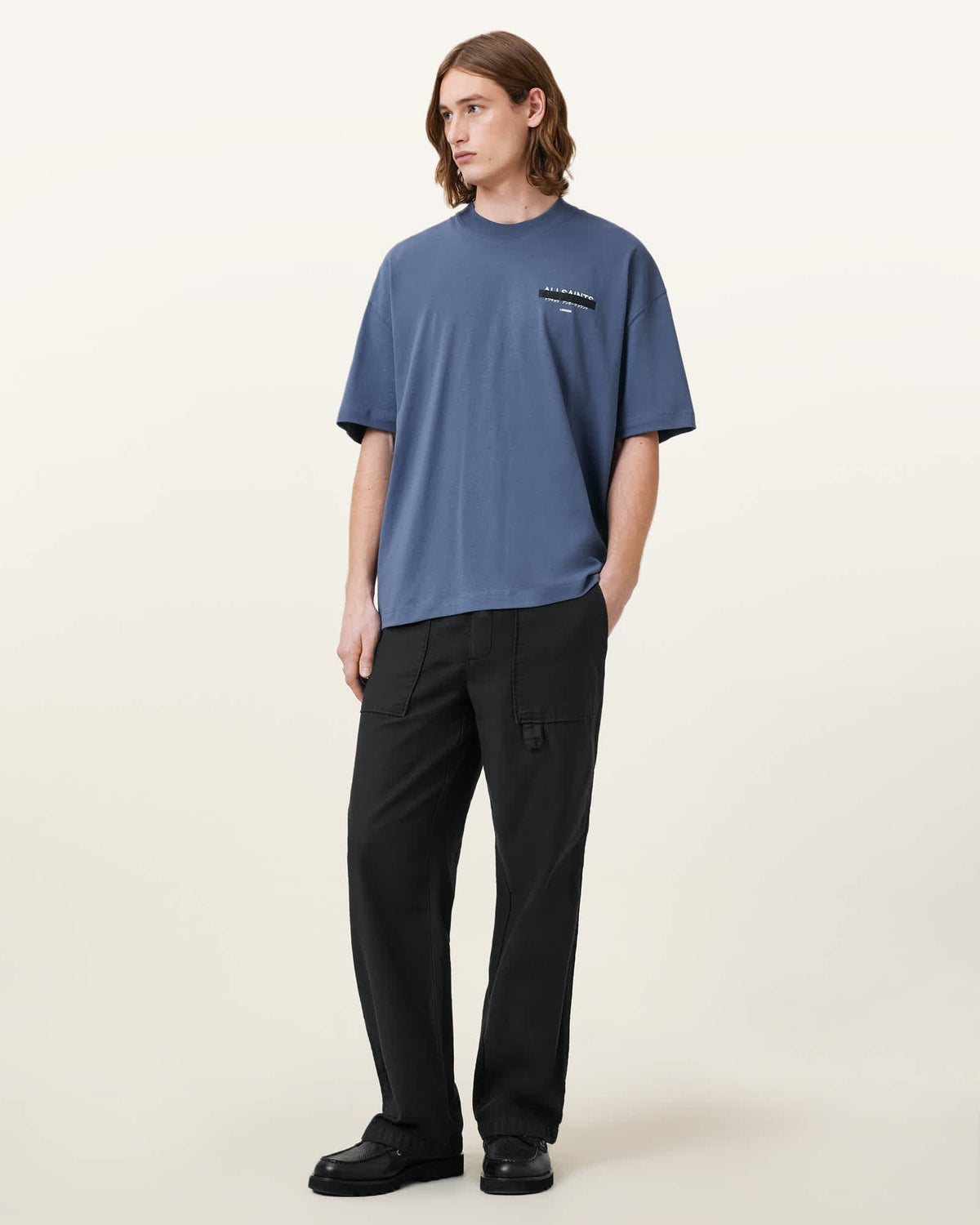All Saints Redact Oversized Embroidered Logo T-Shirt 'Amalfi Blue'