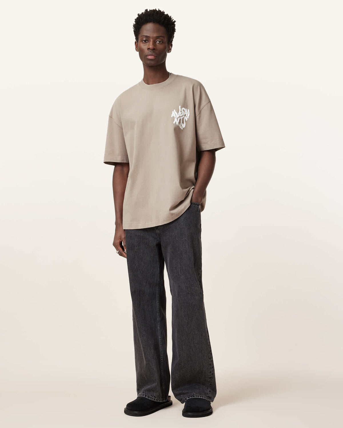 All Saints Orlando Logo Print Oversized T-Shirt Stone 'Taupe'