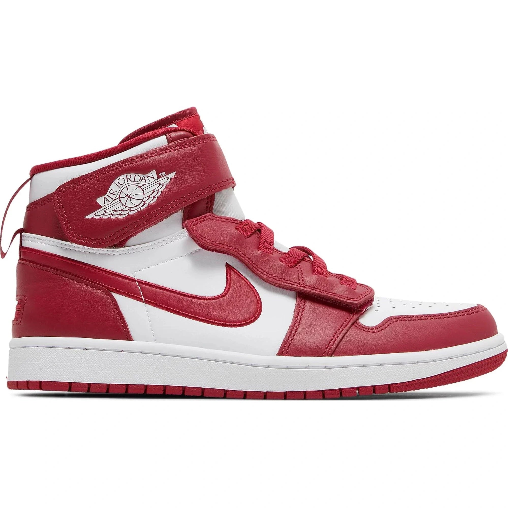 Red and white high-top sneaker with Nike swoosh and lace-up closure