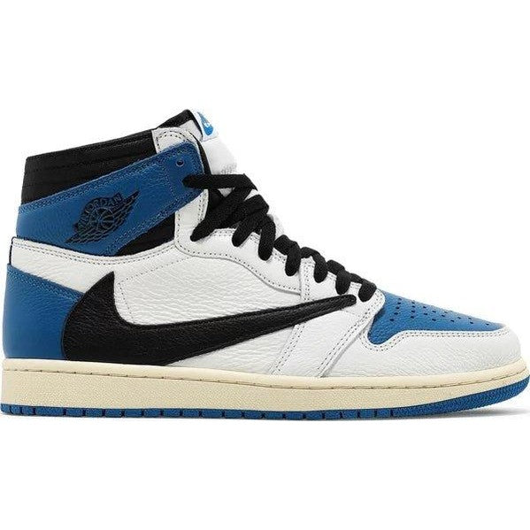 Blue, white, and black high top sneaker with oversized reverse Swoosh logo, streetwear classic