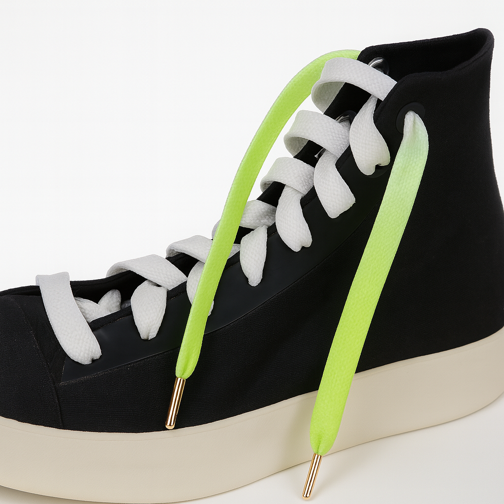 Black high top shoes and the shoelaces worn are Neon green and white gradient shoelaces on a white background